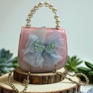 Girls Pink Glitter Purse with Butterfly Bow and Pearl Handle